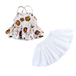 Floral Pattern Camisole Peplum Tank Top & Ribbed Ruffled Skirt for Girls