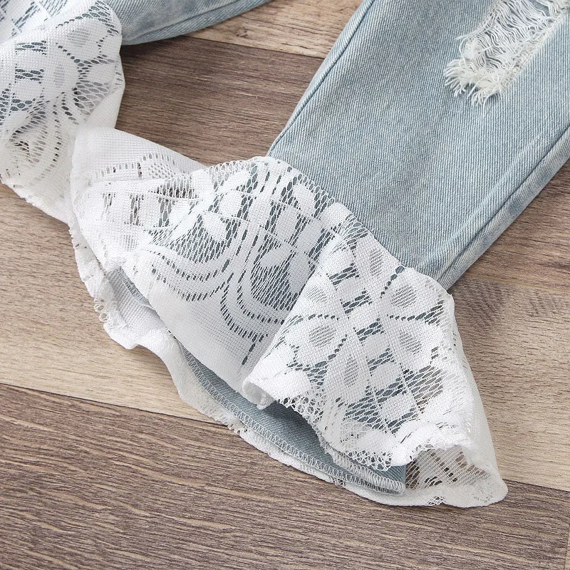 Floral Crochet Pattern Onesie & Bell Bottom Jeans Ripped Long Sleeve for Girls - Image 4