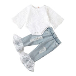 Floral Crochet Pattern Onesie & Bell Bottom Jeans Ripped Long Sleeve for Girls