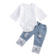Floral Crochet Pattern Onesie & Bell Bottom Jeans Ripped Long Sleeve for Girls
