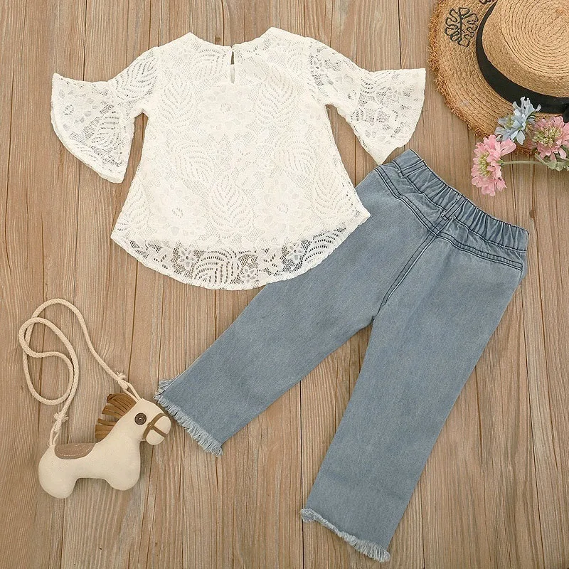 Floral Crocheted Top with Bell Sleeve & Ripped Beaded Denim Jeans Long Sleeve for Girls - Image 2