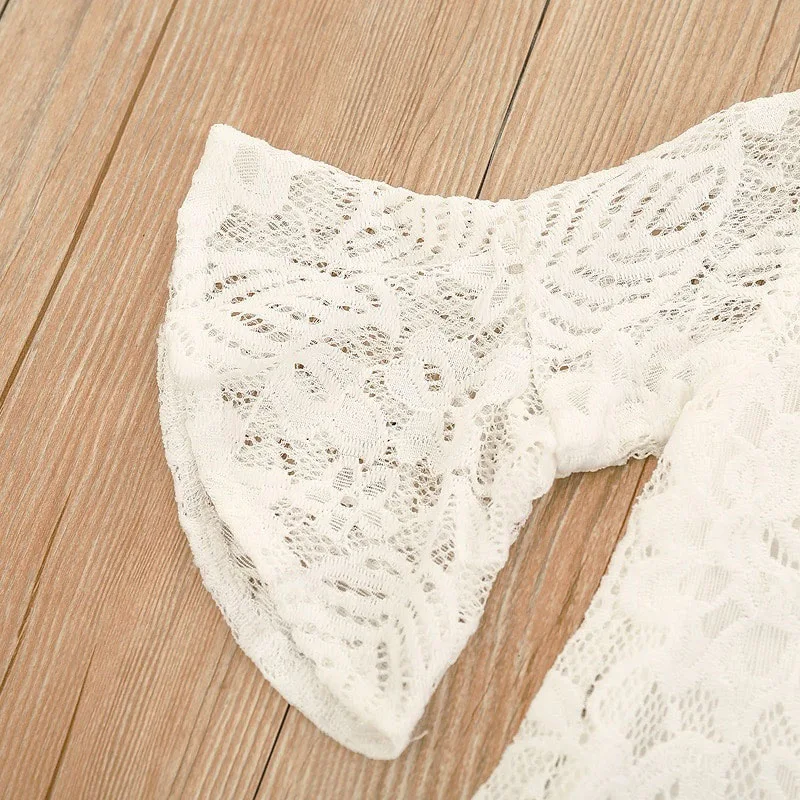 Floral Crocheted Top with Bell Sleeve & Ripped Beaded Denim Jeans Long Sleeve for Girls - Image 4