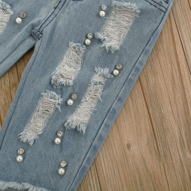 Floral Crocheted Top with Bell Sleeve & Ripped Beaded Denim Jeans Long Sleeve for Girls - Image 6