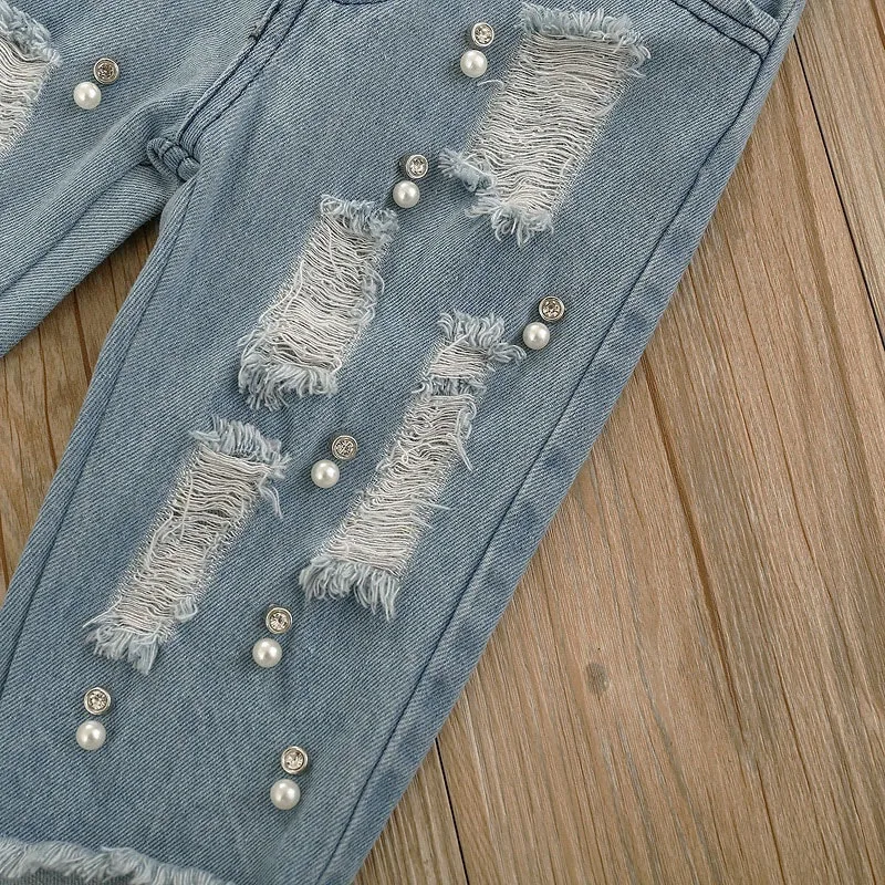 Floral Crocheted Top with Bell Sleeve & Ripped Beaded Denim Jeans Long Sleeve for Girls - Image 6