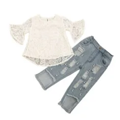 Floral Crocheted Top with Bell Sleeve & Ripped Beaded Denim Jeans Long Sleeve for Girls