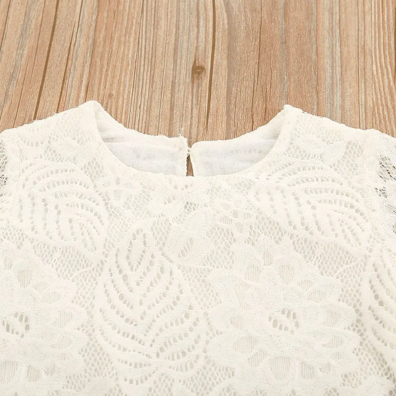 Floral Crocheted Top with Bell Sleeve & Ripped Beaded Denim Jeans Long Sleeve for Girls - Image 3