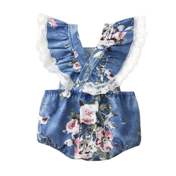 Floral Pattern Denim Romper with Lace Backless Sleeveless - Image 2