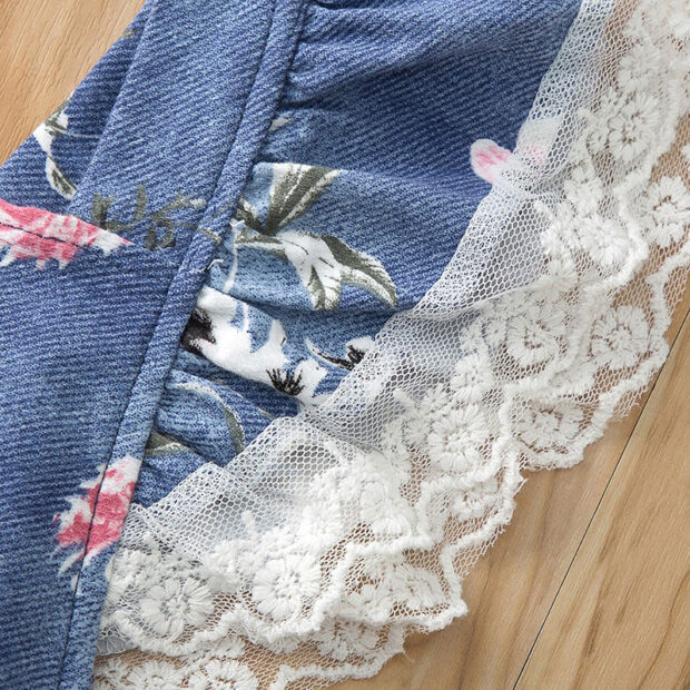Floral Pattern Denim Romper with Lace Backless Sleeveless - Image 4