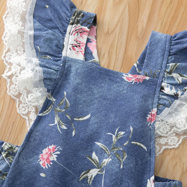 Floral Pattern Denim Romper with Lace Backless Sleeveless - Image 3