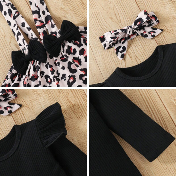 Floral Pattern Suspender Skirt & Ribbed Top Long Sleeve with Ribbon Bow Headband - Image 2