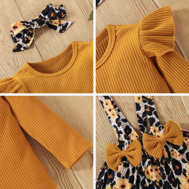 Floral Pattern Suspender Skirt & Ribbed Top Long Sleeve with Ribbon Bow Headband - Image 4