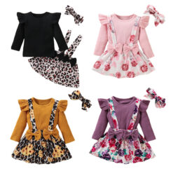 Floral Pattern Suspender Skirt & Ribbed Top Long Sleeve with Ribbon Bow Headband