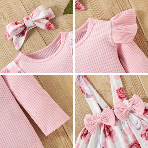 Floral Pattern Suspender Skirt & Ribbed Top Long Sleeve with Ribbon Bow Headband - Image 3