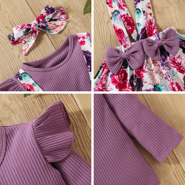 Floral Pattern Suspender Skirt & Ribbed Top Long Sleeve with Ribbon Bow Headband - Image 5