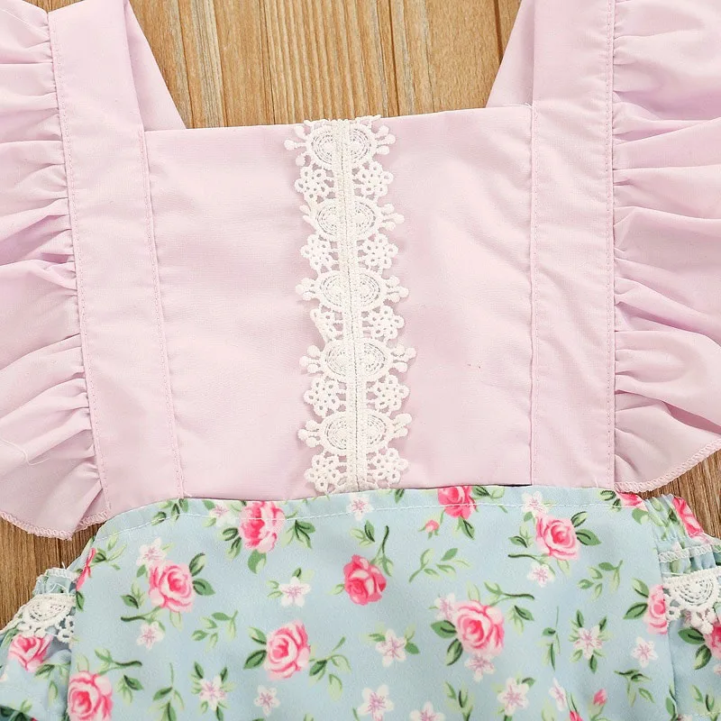 Floral Patchwork Bodice Romper Open Back Sleeveless for Girls - Image 3