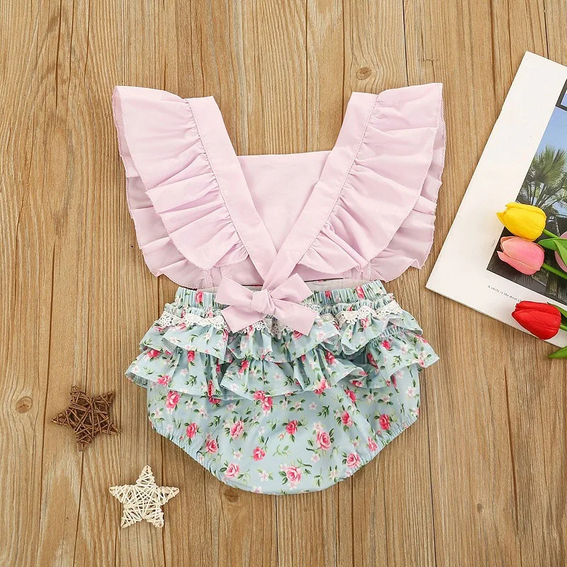 Floral Patchwork Bodice Romper Open Back Sleeveless for Girls - Image 2