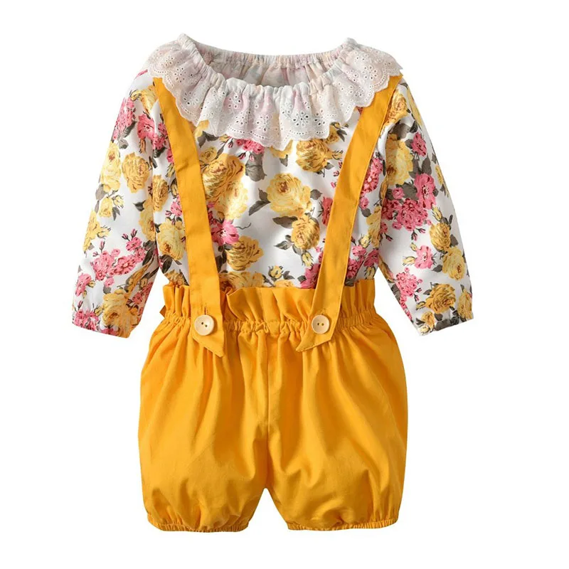 Long Sleeves Floral Pattern Lace Collar Bodysuit Suspenders Shorts