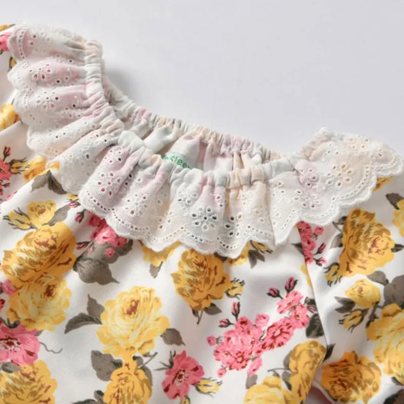 Long Sleeves Floral Pattern Lace Collar Bodysuit Suspenders Shorts - Image 3