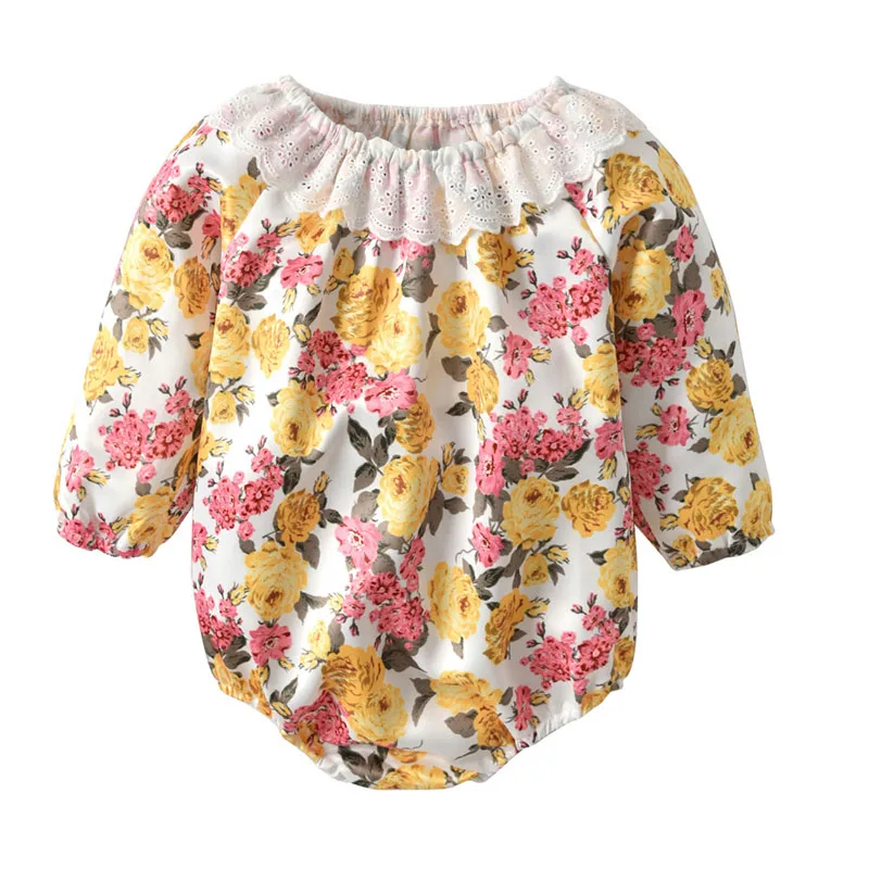 Long Sleeves Floral Pattern Lace Collar Bodysuit Suspenders Shorts - Image 2