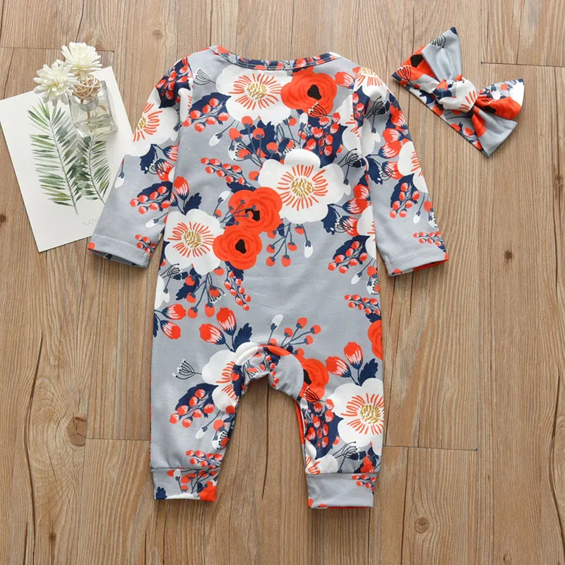 Baby Floral Print One-Piece Jumpsuit with Ribbon Headband Long Sleeve 2 pcs Set - Image 2