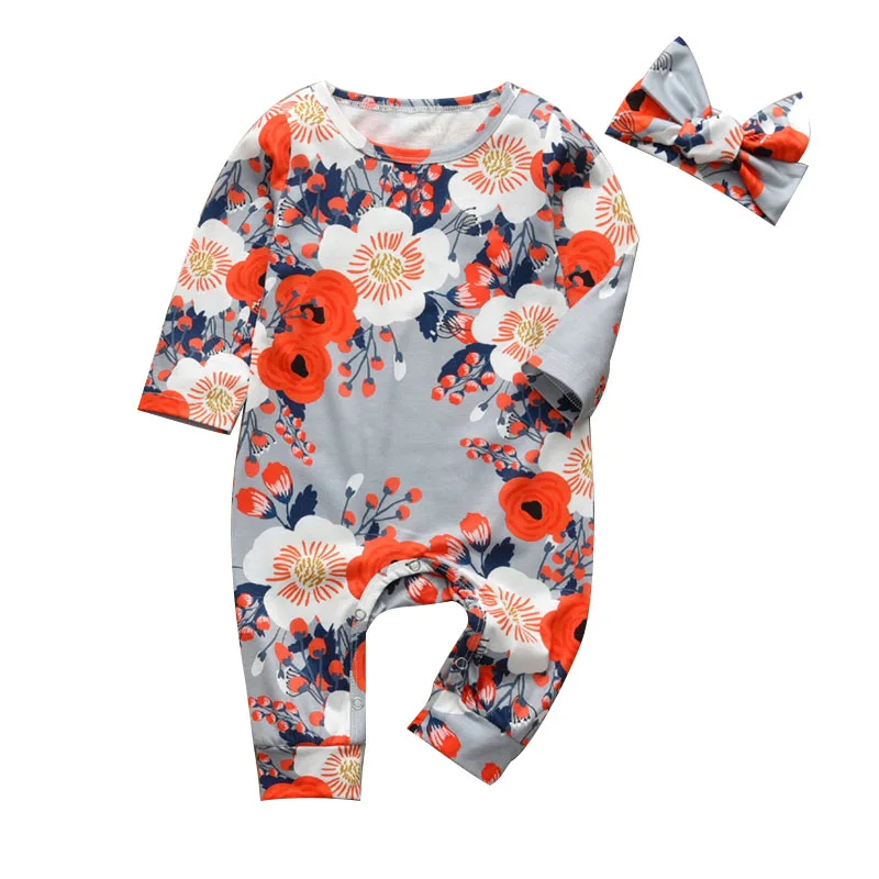Baby Floral Print One-Piece Jumpsuit with Ribbon Headband Long Sleeve 2 pcs Set