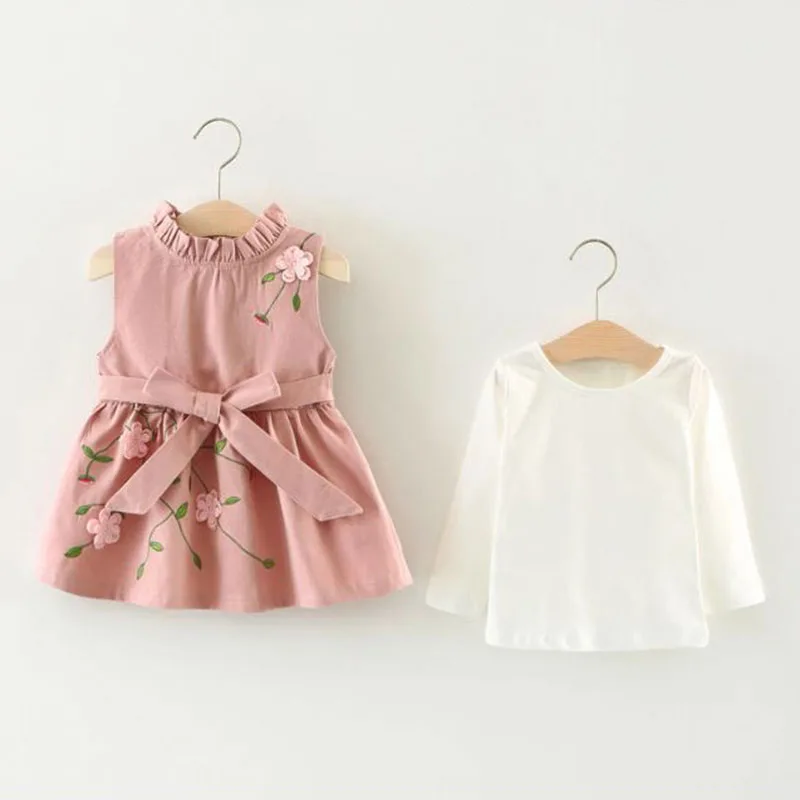Baby Girl Floral Applique A-Line Dress Sleeveless & Solid Shirt 2 pcs Set - Image 2