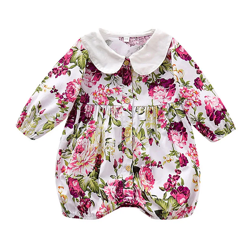 Baby Girl Floral Rose Romper Long Sleeve Button One Piece