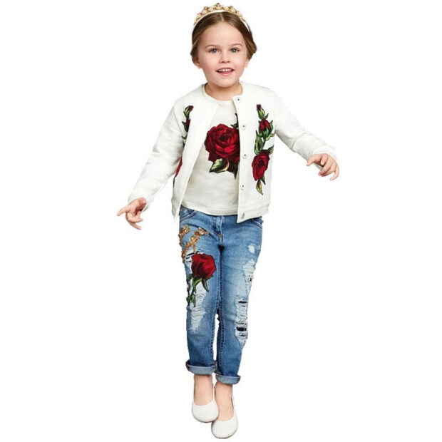Toddler Girl Rose Print Track Jacket, T-Shirt & Floral Sequin Denim Jeans - Image 8