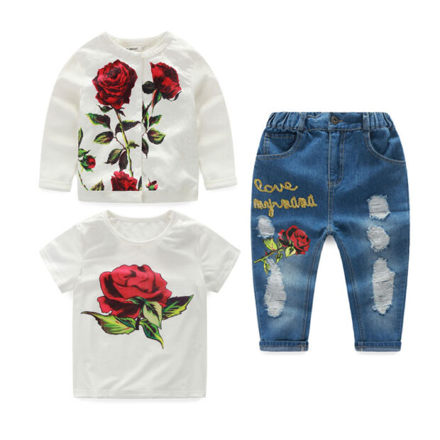 Toddler Girl Rose Print Track Jacket, T-Shirt & Floral Sequin Denim Jeans