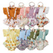 Floral Pattern Suspender Skirt & Ribbed Pattern Shirt Sleeveless with Ribbon Headband