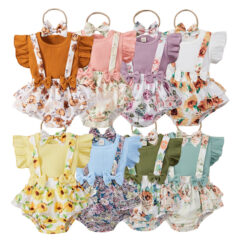 Floral Pattern Suspender Skirt & Ribbed Pattern Shirt Sleeveless with Ribbon Headband