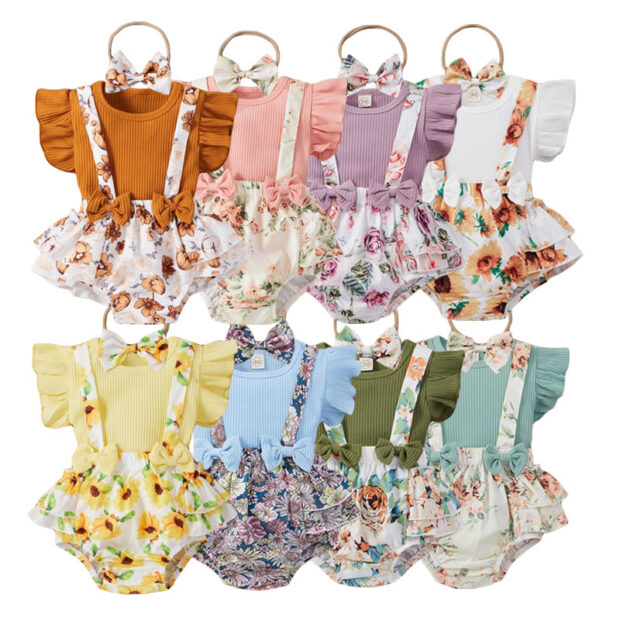 Floral Pattern Suspender Skirt & Ribbed Pattern Shirt Sleeveless with Ribbon Headband