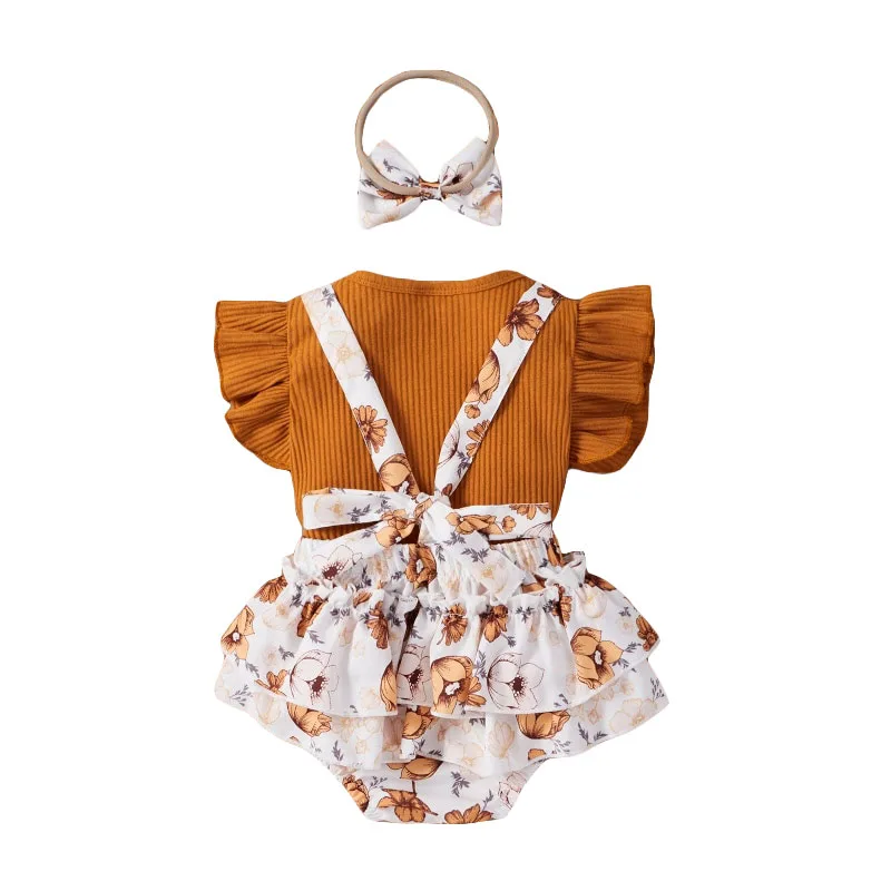 Floral Pattern Suspender Skirt & Ribbed Pattern Shirt Sleeveless with Ribbon Headband - Image 2