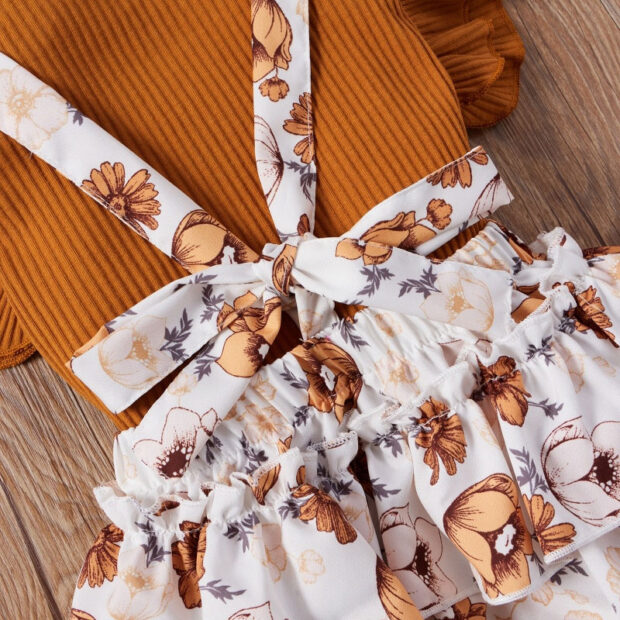 Floral Pattern Suspender Skirt & Ribbed Pattern Shirt Sleeveless with Ribbon Headband - Image 4