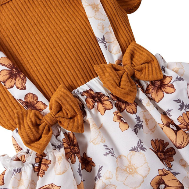 Floral Pattern Suspender Skirt & Ribbed Pattern Shirt Sleeveless with Ribbon Headband - Image 3