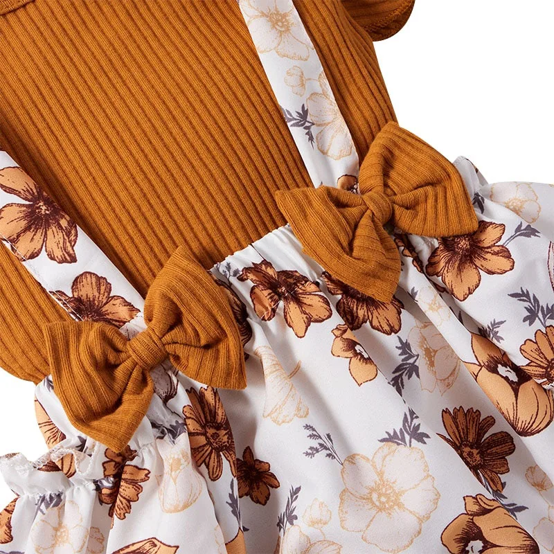 Floral Pattern Suspender Skirt & Ribbed Pattern Shirt Sleeveless with Ribbon Headband - Image 3