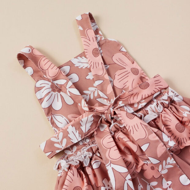 Flower Blossom Pattern Romper Sleeveless Open Back with Ribbon Headband - Image 2