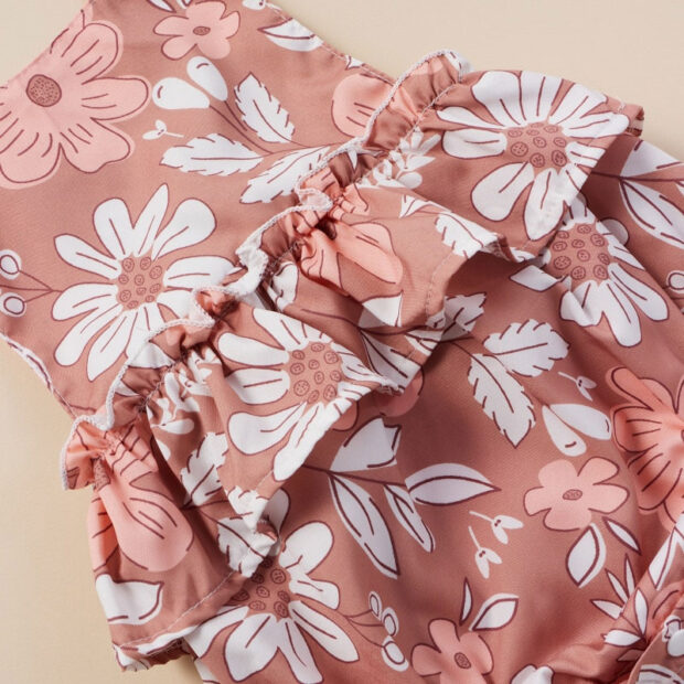 Flower Blossom Pattern Romper Sleeveless Open Back with Ribbon Headband - Image 3