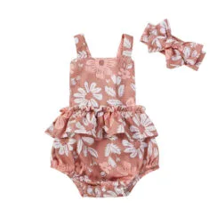 Flower Blossom Pattern Romper Sleeveless Open Back with Ribbon Headband