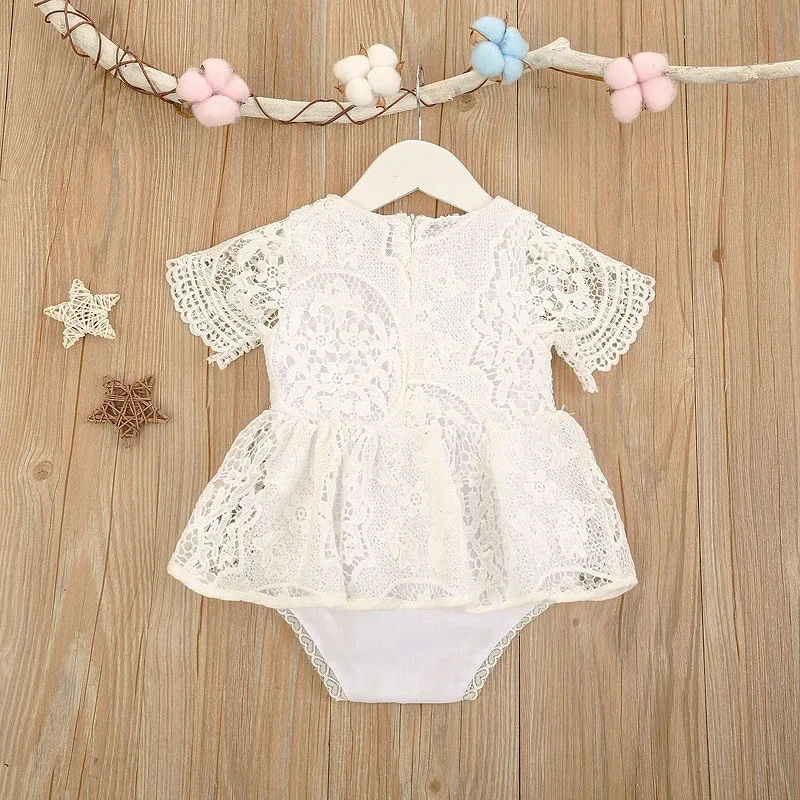 Flower Crocheted Lace Dress with Diaper Cover Short Sleeve for Girls - Image 2