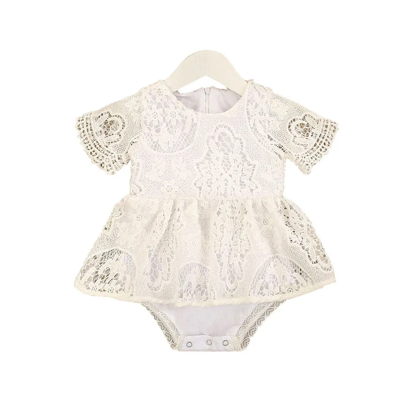Flower Crocheted Lace Dress with Diaper Cover Short Sleeve for Girls