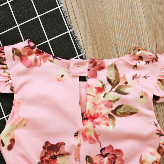 Flower Pattern No Sleeve Romper & Ribbon Headband Outfit - Image 3