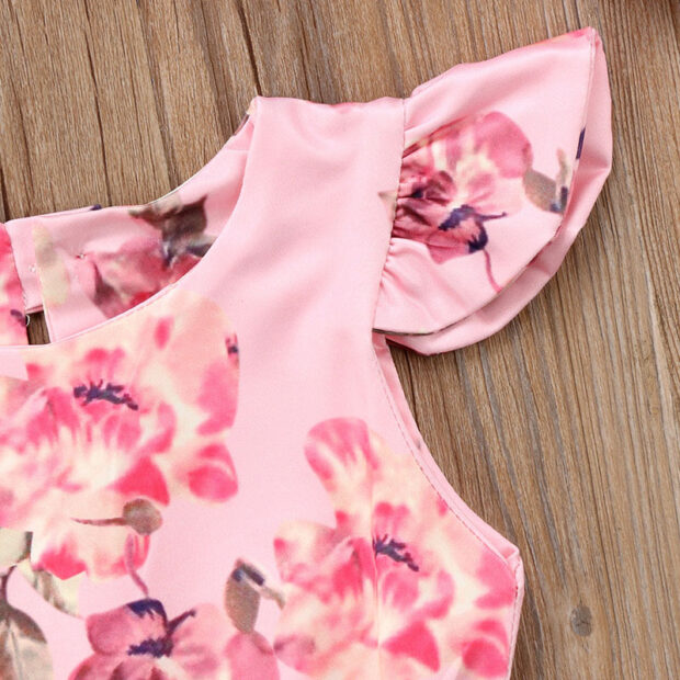 Flower Pattern No Sleeve Romper & Ribbon Headband Outfit - Image 2