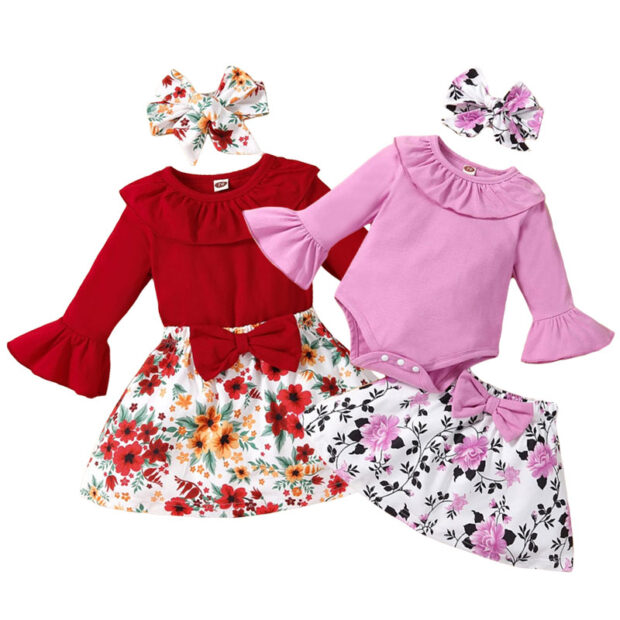 Flower Pattern Ribbon Bow Skirt, Plain Color Onesie with Long Flare Sleeves & Matching Headband