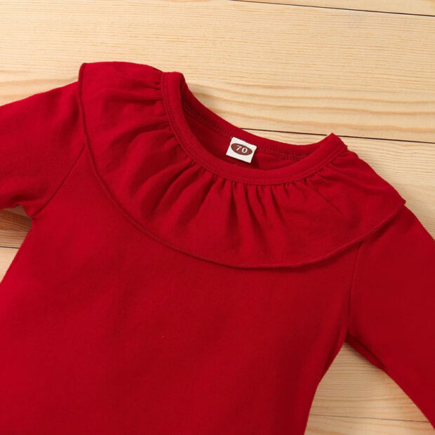 Flower Pattern Ribbon Bow Skirt, Plain Color Onesie with Long Flare Sleeves & Matching Headband - Image 2