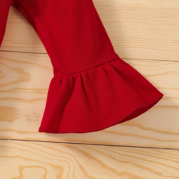 Flower Pattern Ribbon Bow Skirt, Plain Color Onesie with Long Flare Sleeves & Matching Headband - Image 4