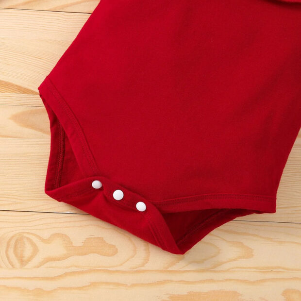 Flower Pattern Ribbon Bow Skirt, Plain Color Onesie with Long Flare Sleeves & Matching Headband - Image 3