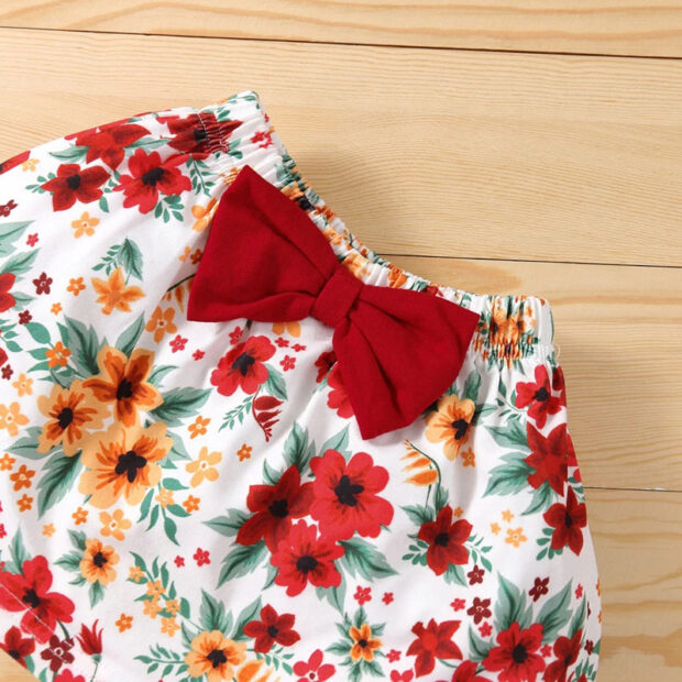 Flower Pattern Ribbon Bow Skirt, Plain Color Onesie with Long Flare Sleeves & Matching Headband - Image 5