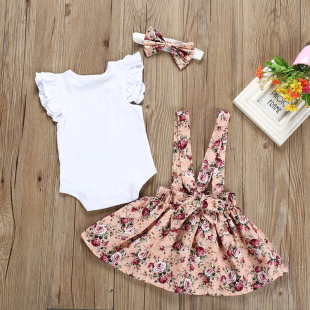 Flower Pattern Ribbon Suspender Dress & Plain Color Sleeveless Onesie with Headband - Image 2