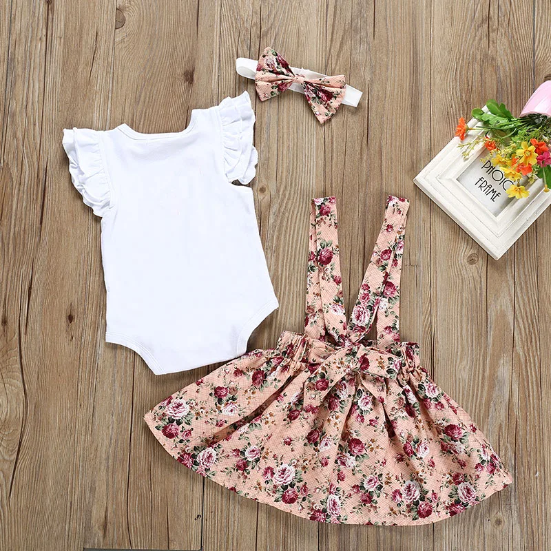 Flower Pattern Ribbon Suspender Dress & Plain Color Sleeveless Onesie with Headband - Image 2